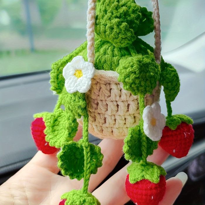 Handcrafted Strawberry Basket Car Charm - Fabric Rearview Mirror Hanging Decor for Vehicle Interior