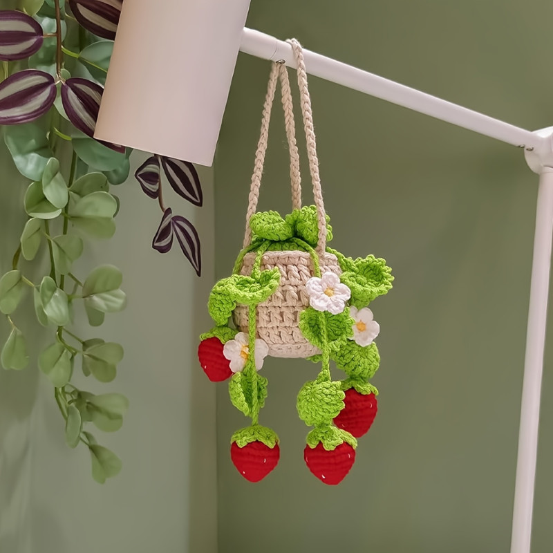 Handcrafted Strawberry Basket Car Charm - Fabric Rearview Mirror Hanging Decor for Vehicle Interior