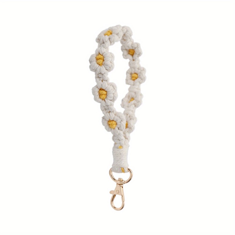 Boho Daisy Crochet Flower Bracelet Keychain Cute Weaving Purse Bag Backpack Car Key Charm Earbud Case Accessory Phone Lanyard Women   Gift