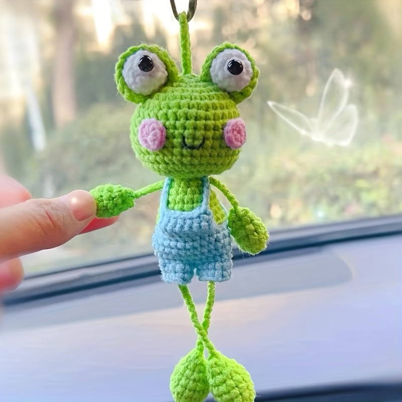 Handcrafted Crochet Frog Car Mirror Charm - Unique Fabric Hanging Accessory for Vehicle Interiors