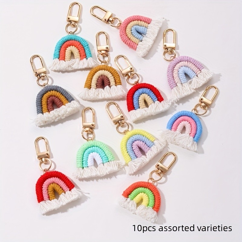 10pcs Hand-Woven Rainbow Keychain - Keychains for Girls, Romantic Aesthetic Small Bag Pendant, Colorful Car Accessories, Cute Gift Ideas