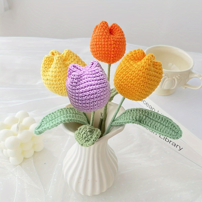 7pcs Faux Tulip Artificial Flowers, Crochet Hand Woven Bouquet Table Centerpiece Gifts For Women