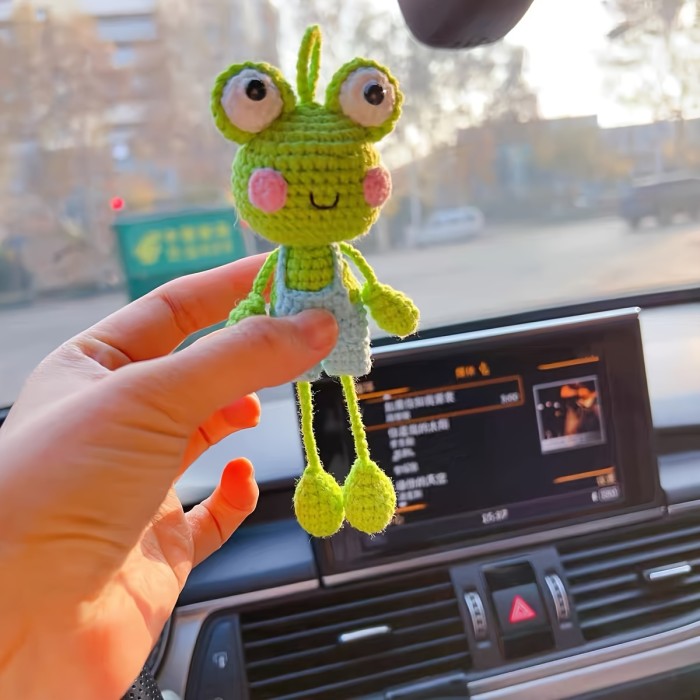 Handcrafted Crochet Frog Car Mirror Charm - Unique Fabric Hanging Accessory for Vehicle Interiors