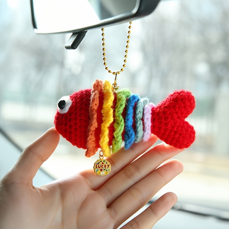 Boho-Style Handmade Rainbow Lucky Fish Hanging Ornament, Crochet Knitted Keychain, Car Accessory, Backpack Charm, Animal Theme, Fabric Material, Birthday Gift, No Electricity Required