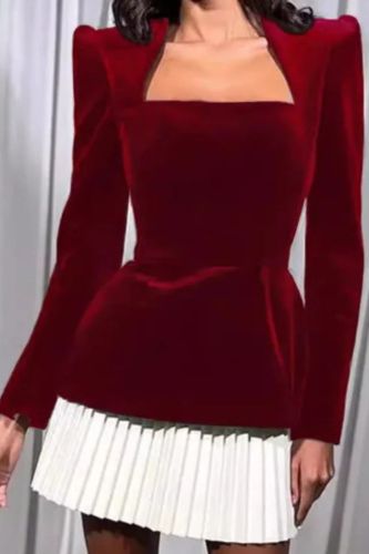 Fashion Pleated Velvet Party Elegant Solid Square Neck Mini Dress