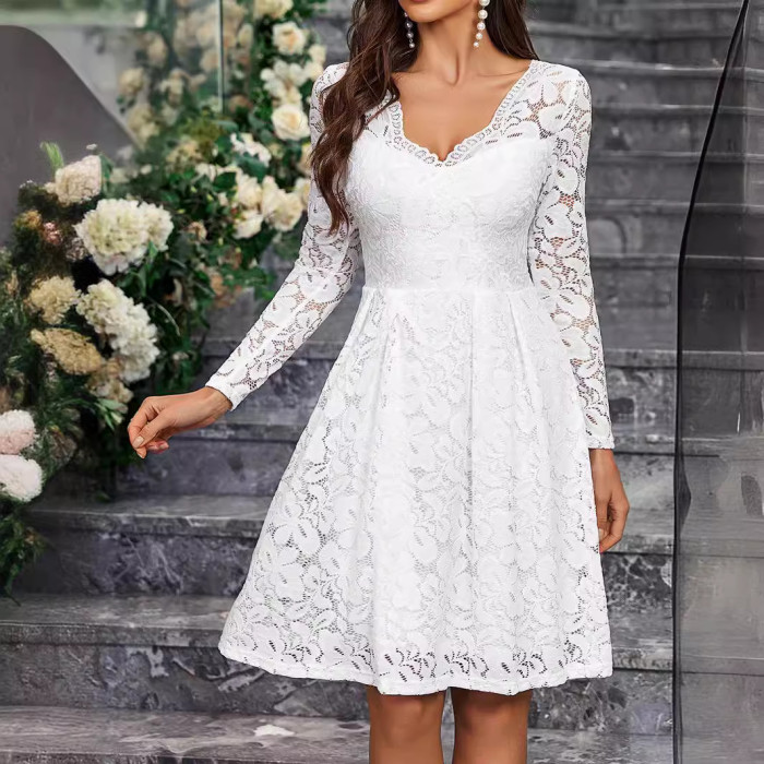 Women's Fashion Solid Color V-Neck Long Sleeve Lace Party Dress