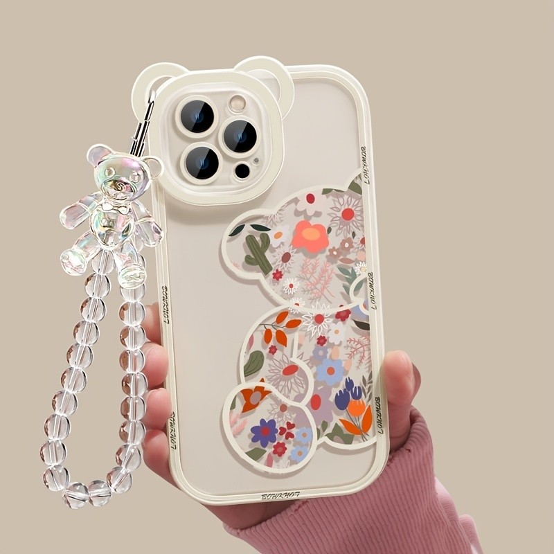 Trendy Cartoon Bear & Flower Phone Case with Stylish Bead Bracelet for iPhone Models 13\u002F11\u002F14 Pro Max, 12 XR\u002FXS, 7\u002F8 Plus, 2020\u002F2022\u002FMini 2022 SE - Fashion-Forward Protection