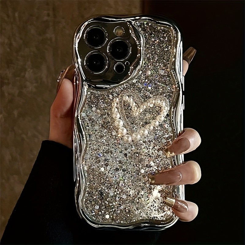 Pearl Diamond Love Glue Sequins Wavy Edge Electroplated Silvery Mobile Phone Case for Apple Mobile Phones