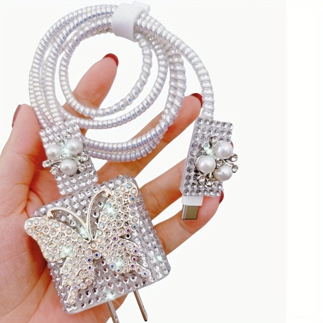 Shiny Diamond Butterfly Charger Cable Protector Set\u002F5pcs\u002FData Cable Protector with Storage Buckle\u002FCompatible with Apple Fast Charger\u002Ffor iPhone 11\u002F12\u002F13\u002F14 Series