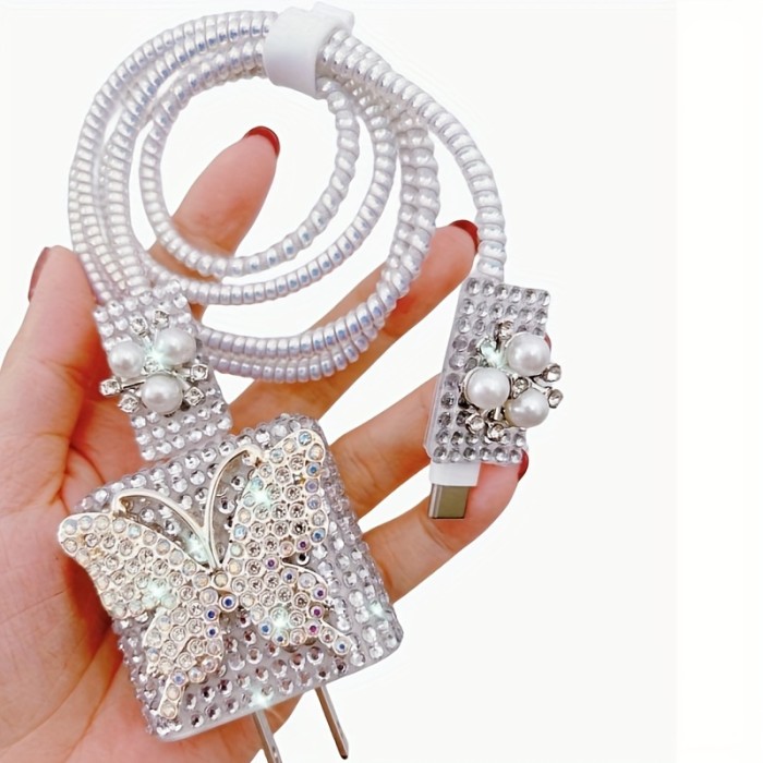 Shiny Diamond Butterfly Charger Cable Protector Set\u002F5pcs\u002FData Cable Protector with Storage Buckle\u002FCompatible with Apple Fast Charger\u002Ffor iPhone 11\u002F12\u002F13\u002F14 Series