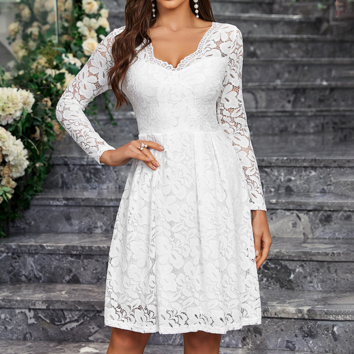 Women's Fashion Solid Color V-Neck Long Sleeve Lace Party Dress