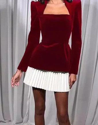Fashion Pleated Velvet Party Elegant Solid Square Neck Mini Dress
