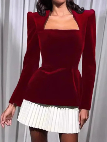 Fashion Pleated Velvet Party Elegant Solid Square Neck Mini Dress
