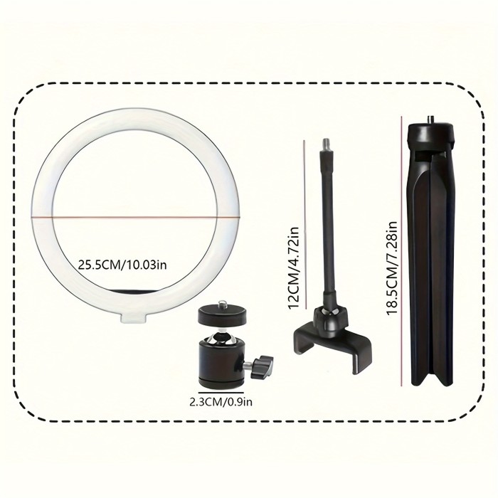 10 Inch LED Ring Light with Adjustable Tripod, Phone Holder, and Dimming Function for YouTube, Photography, Selfies, Vlog, Makeup, and Live Streaming