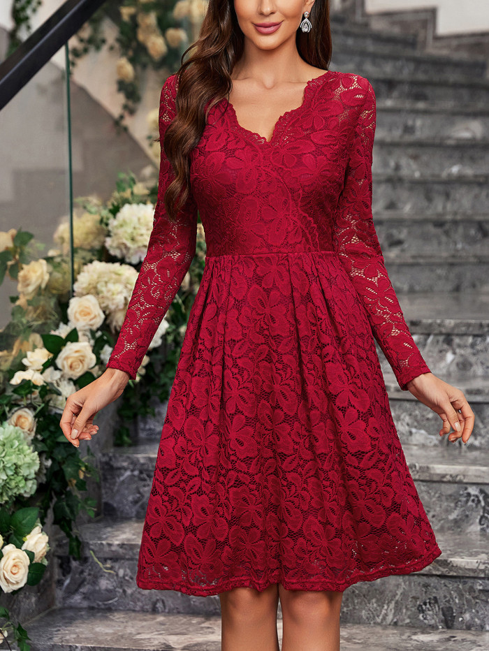 Women's Fashion Solid Color V-Neck Long Sleeve Lace Party Dress