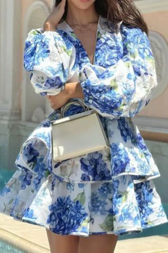 Bohemian Fashion Print Long Sleeve V Neck Lantern Sleeve Cake Mini Dress