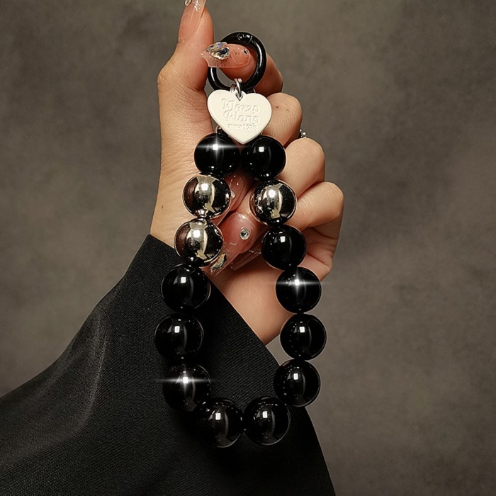 Creative Black Bead Hand Chain Wrist Short Hanging Rope with Clip Mobile Phone Case Keychain Pendant Women's Trend
