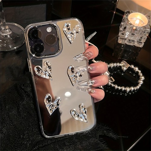 Luxury Fashion Cute Plating Silvery Mirror 3D Love Heart Bracelet Chain Case For IPhone 15 14 13 12 Pro Max 14 15 Plus 11 Shockproof Bumper Cover Funda
