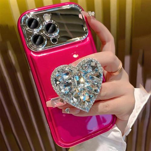 Korean Plating Large Window Phone Case for iPhone 13 15 Pro Max 14 Pro 12 11 Diamond Heart Mirror Holder Cover