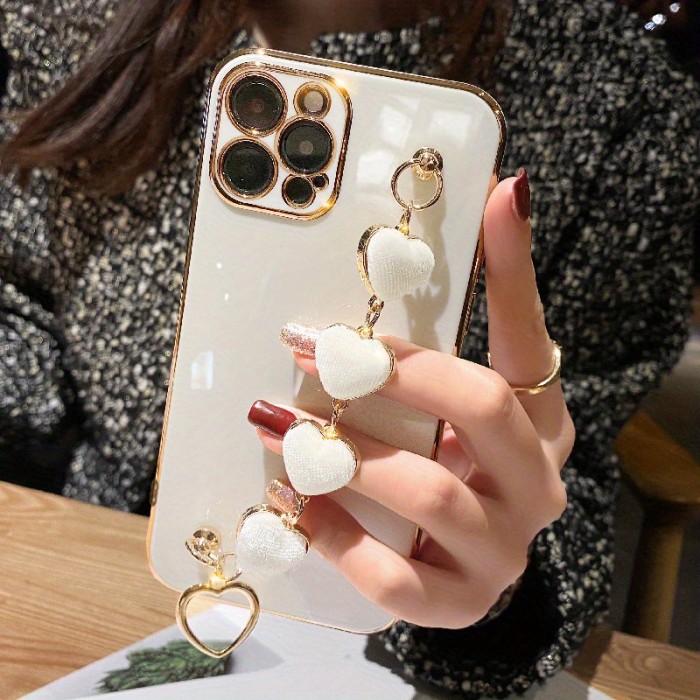 Luxury Heart-Shaped Metal Phone Chain Case - Basic Cases with Plating, Lens Protection, and Back Cover for iPhone 14, 13 Pro Max, 12 Mini, 11 Mini, XR, XS, X, 7, 8, SE, and iPhone 13 Mini