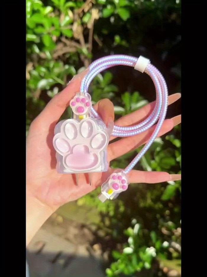 3D Cartoon Pink Paw Print TPU Charger Protector Set for Apple 18W\u002F20W Adapters, 5-Piece Phone Cable Cord Protection Set without Battery