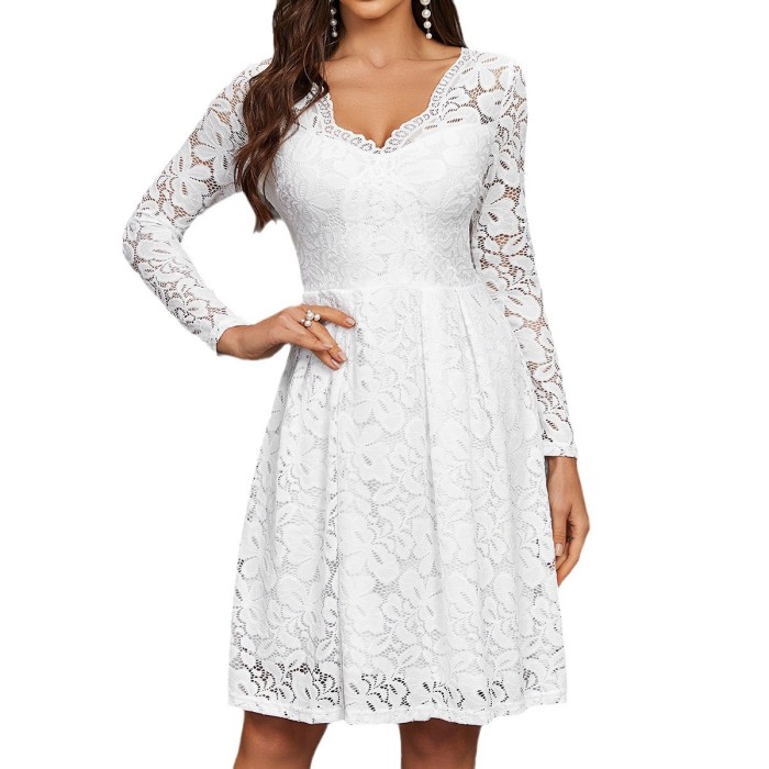 Women's Fashion Solid Color V-Neck Long Sleeve Lace Party Dress