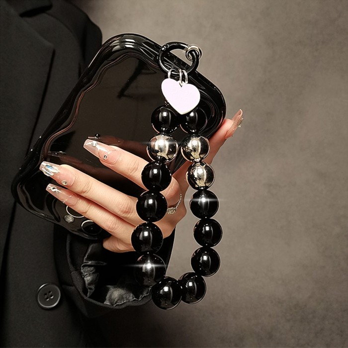 Creative Black Bead Hand Chain Wrist Short Hanging Rope with Clip Mobile Phone Case Keychain Pendant Women's Trend