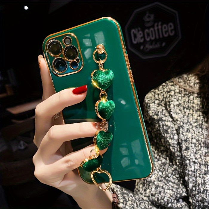 Luxury Heart-Shaped Metal Phone Chain Case - Basic Cases with Plating, Lens Protection, and Back Cover for iPhone 14, 13 Pro Max, 12 Mini, 11 Mini, XR, XS, X, 7, 8, SE, and iPhone 13 Mini
