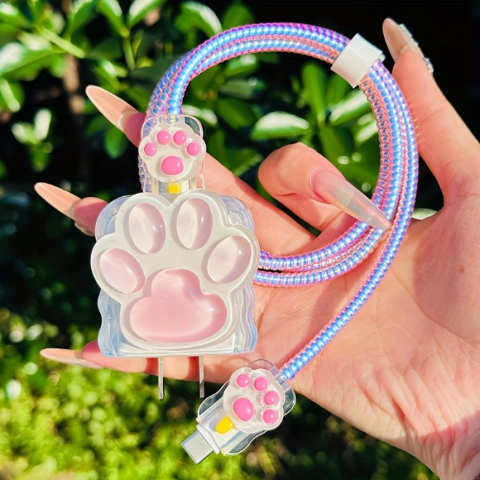 3D Cartoon Pink Paw Print TPU Charger Protector Set for Apple 18W\u002F20W Adapters, 5-Piece Phone Cable Cord Protection Set without Battery