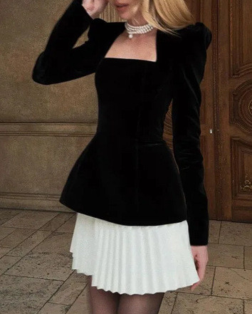 Fashion Pleated Velvet Party Elegant Solid Square Neck Mini Dress