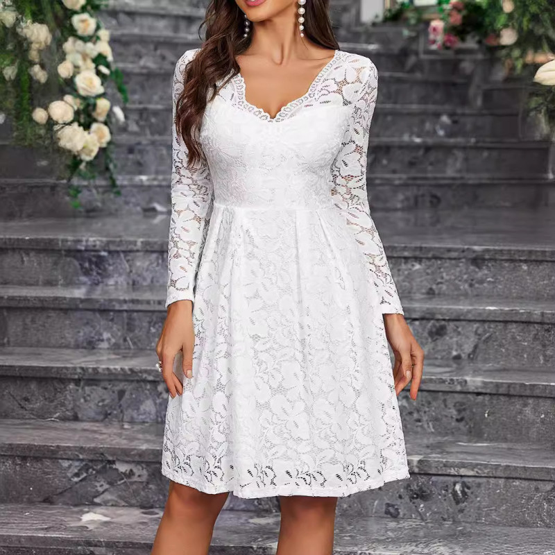 Women's Fashion Solid Color V-Neck Long Sleeve Lace Party Dress