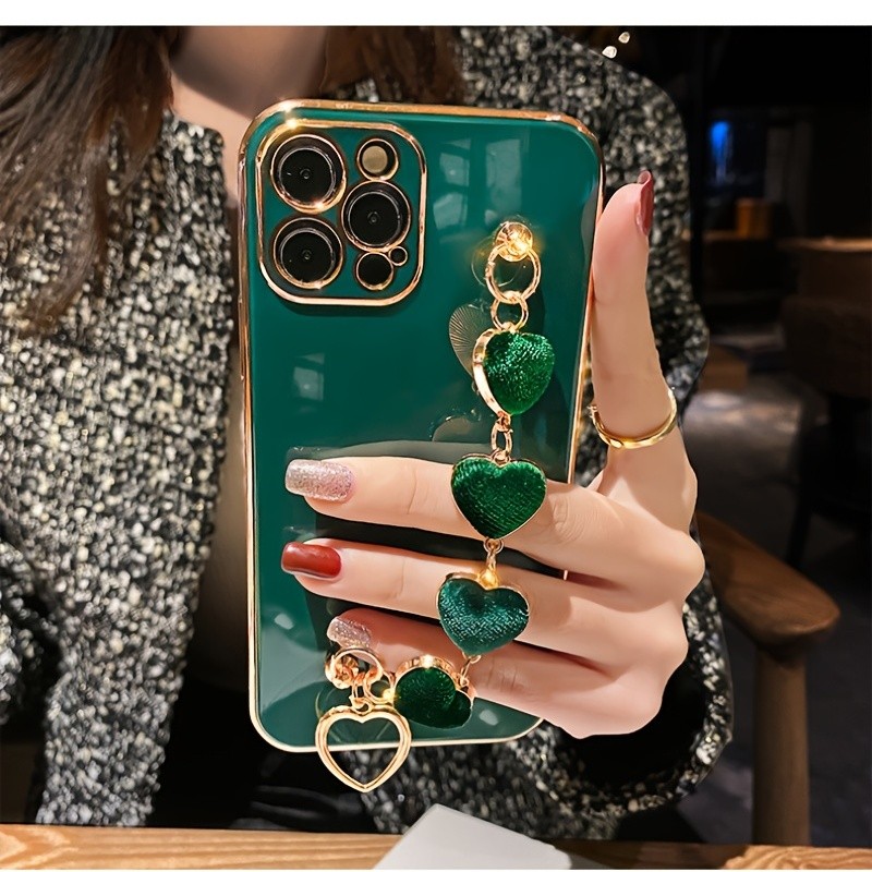 Luxury Heart-Shaped Metal Phone Chain Case - Basic Cases with Plating, Lens Protection, and Back Cover for iPhone 14, 13 Pro Max, 12 Mini, 11 Mini, XR, XS, X, 7, 8, SE, and iPhone 13 Mini