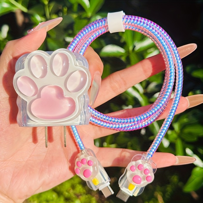 3D Cartoon Pink Paw Print TPU Charger Protector Set for Apple 18W\u002F20W Adapters, 5-Piece Phone Cable Cord Protection Set without Battery