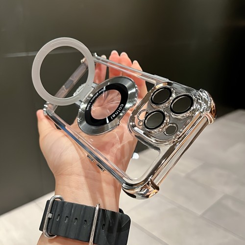 Ultra-Clear iPhone Case with Magnetic Bracket Holder - Electroplating Finish, Kickstand, and Precise Cutouts for iPhone 15, 14, 13, 12 Pro Max, 14 Plus, and 15 Plus - Durable, Shockproof, and Scratch-Resistant Mobile Phone Shell