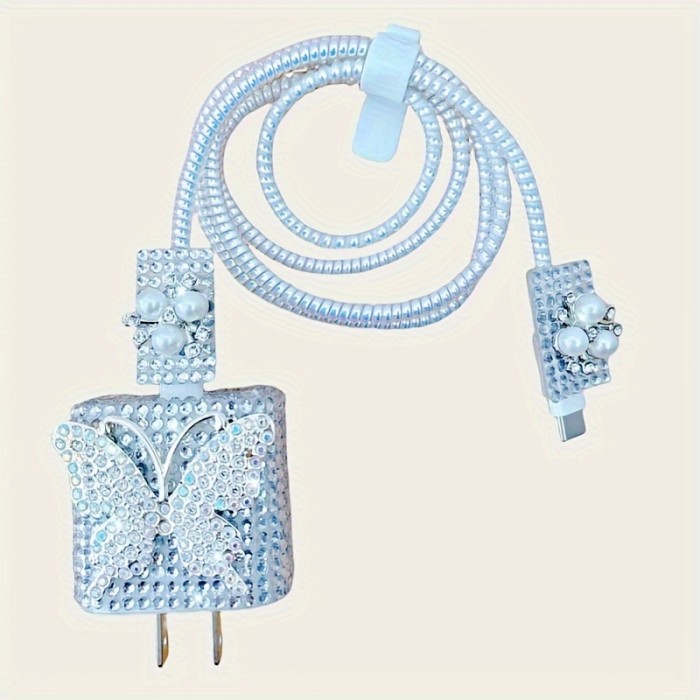 Shiny Diamond Butterfly Charger Cable Protector Set\u002F5pcs\u002FData Cable Protector with Storage Buckle\u002FCompatible with Apple Fast Charger\u002Ffor iPhone 11\u002F12\u002F13\u002F14 Series