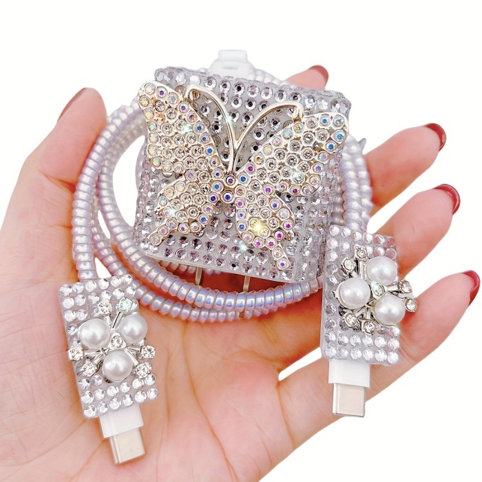 Shiny Diamond Butterfly Charger Cable Protector Set\u002F5pcs\u002FData Cable Protector with Storage Buckle\u002FCompatible with Apple Fast Charger\u002Ffor iPhone 11\u002F12\u002F13\u002F14 Series