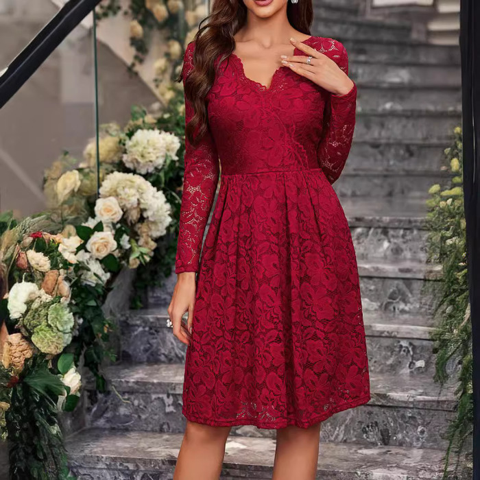 Women's Fashion Solid Color V-Neck Long Sleeve Lace Party Dress