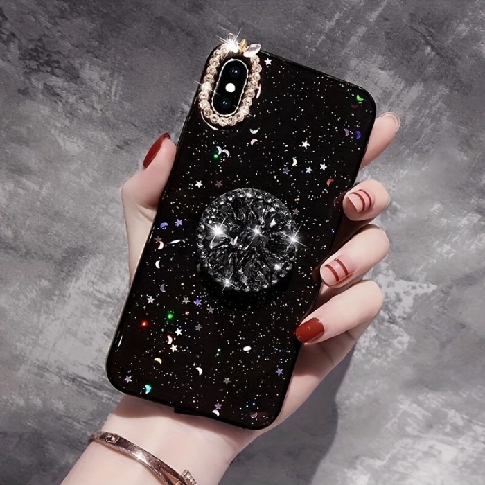Fashionable Star And Moon Adhesive Tape Folding Glass Crystal Stand Mobile Phone Protective Cover Suitable for Iphone16Promax Anti-Fall Mobile Phone Case