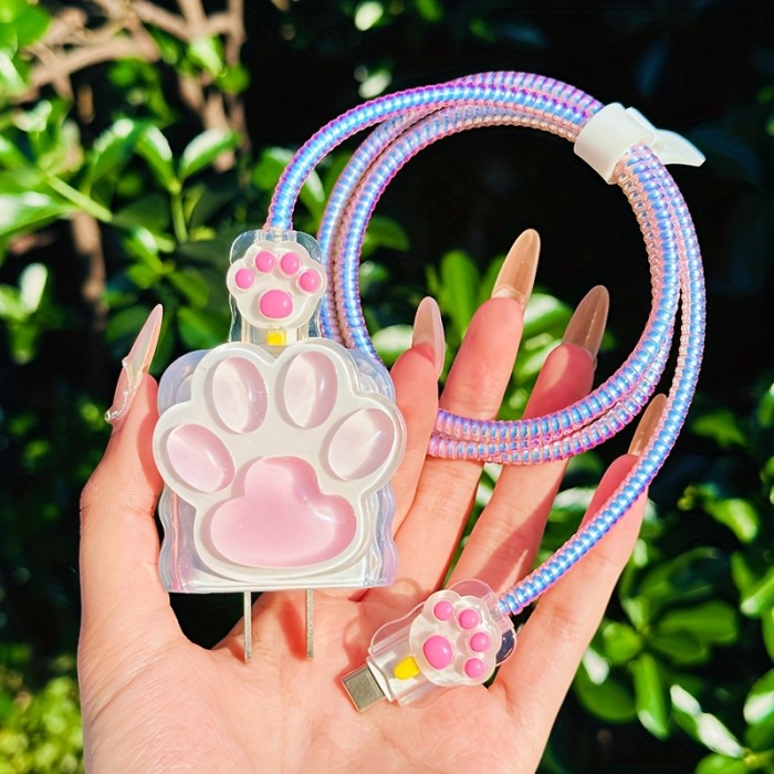 3D Cartoon Pink Paw Print TPU Charger Protector Set for Apple 18W\u002F20W Adapters, 5-Piece Phone Cable Cord Protection Set without Battery