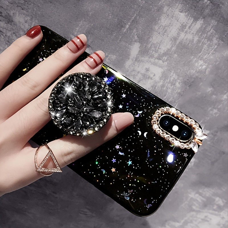 Fashionable Star And Moon Adhesive Tape Folding Glass Crystal Stand Mobile Phone Protective Cover Suitable for Iphone16Promax Anti-Fall Mobile Phone Case