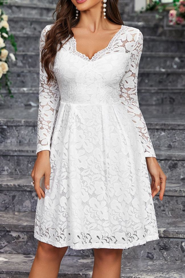 Women's Fashion Solid Color V-Neck Long Sleeve Lace Party Dress