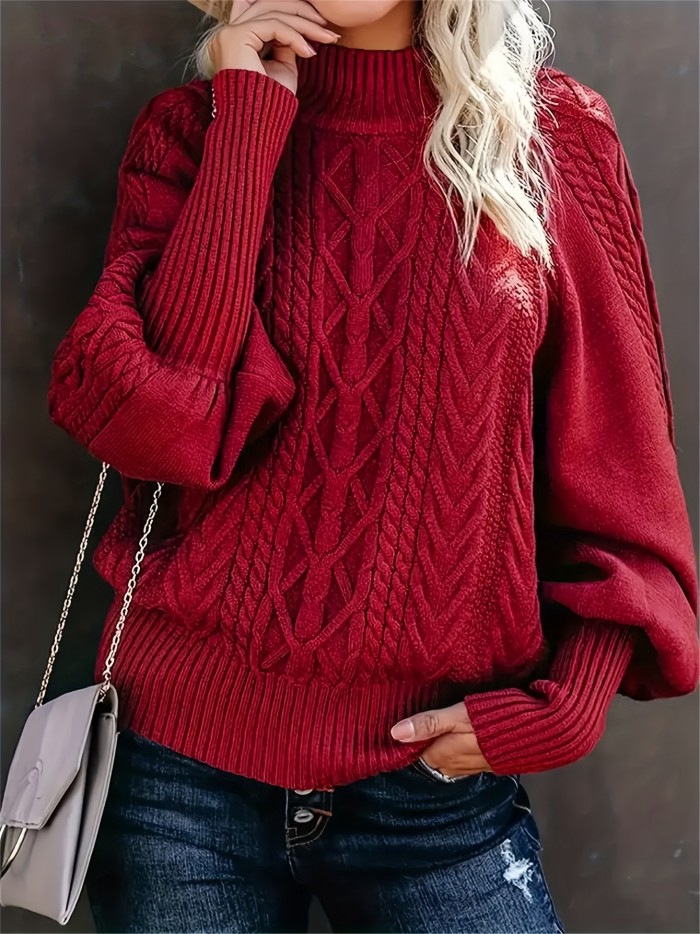 Cozy Cable Knit High Neck Sweater - Soft Mid-Elasticity Polyester Fabric, Elegant Drop Shoulder Design, Long Sleeve, Solid Color, Perfect for Fall & Winter, Womens Clothing