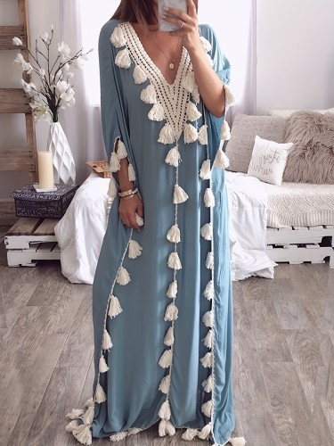 Elegant Long Sleeve Maxi Kaftan Dress with Tassel Decor - V-Neck, Flowy and Comfortable for Ramadan and Special Occasions, Women's Fashion Wear