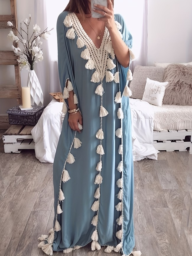 Elegant Long Sleeve Maxi Kaftan Dress with Tassel Decor - V-Neck, Flowy and Comfortable for Ramadan and Special Occasions, Women's Fashion Wear