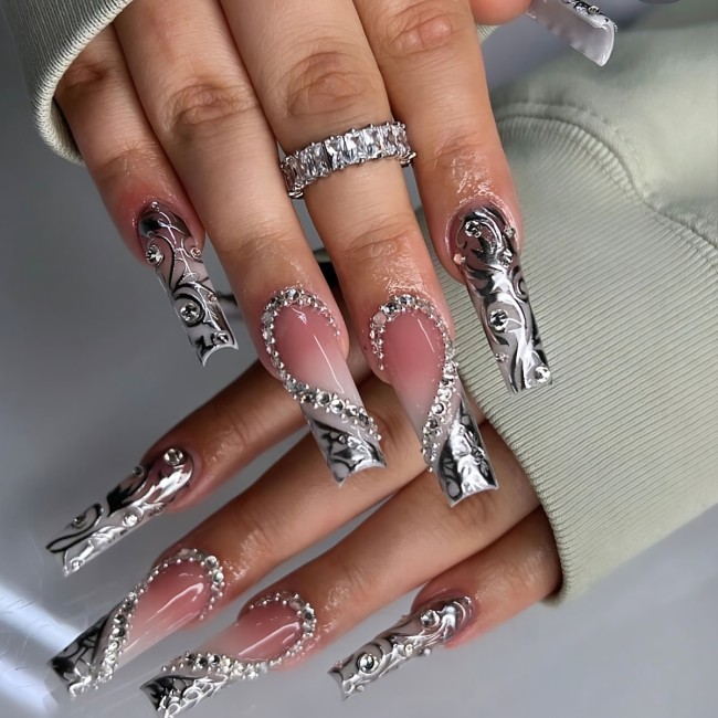 24pcs Luxurious Glossy Square False Nails - Chic Nude with Sparkling Silver Stripe & Dazzling 3D Heart Rhinestones - Romantic Press-On Design for Women Girls