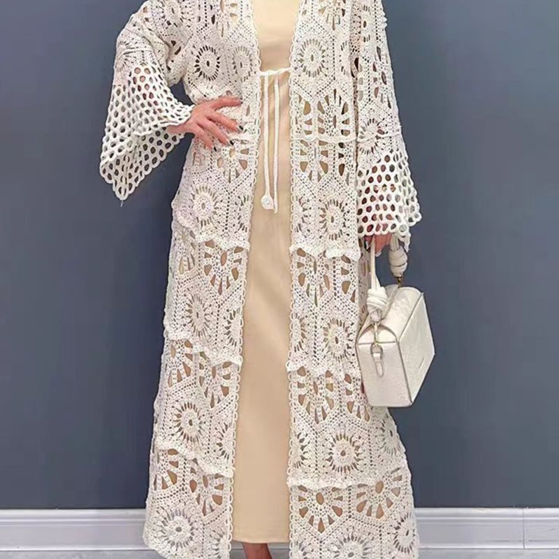 Chic & Versatile Open-Front Cardigan for Women - Casual Loose Fit, Breathable Cotton Blend, Semi-Sheer with Hollow Detail, Perfect for All Seasons