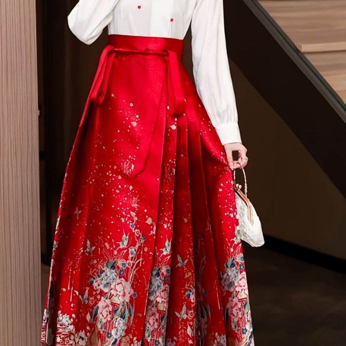 Vintage-Inspired Red Floral Pleated Skirt with Belt - High Waist, Non-Stretch Polyester, Machine Washable - Perfect for All Seasons