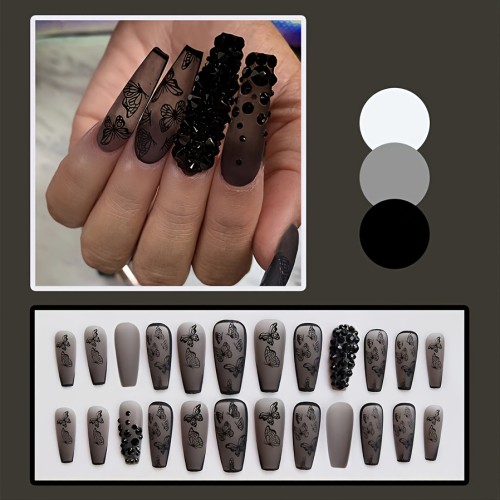 Press On Nails Long Coffin Fake Nails Black False Nails With 3D Rhinestone Butterfly Design Matte Full Cover Stick On Nails For Women, Halloween Nails