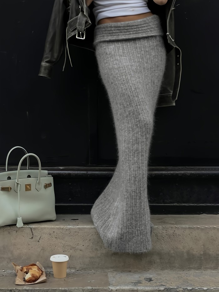 1pc Y2K Style Women'S High-Waisted Knitted Skirt - Solid Color Nylon Knit Fabric, Fall\u002FWinter Fashion, Chic and Cozy