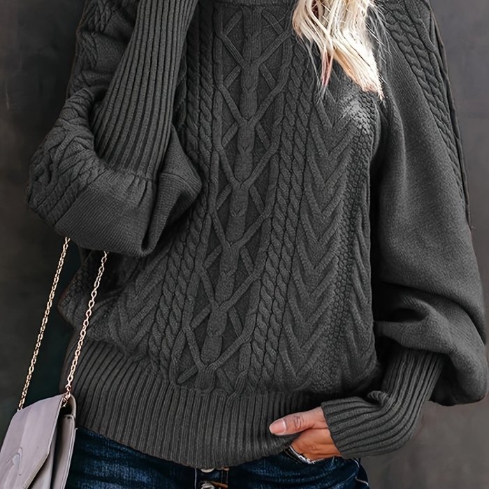 Cozy Cable Knit High Neck Sweater - Soft Mid-Elasticity Polyester Fabric, Elegant Drop Shoulder Design, Long Sleeve, Solid Color, Perfect for Fall & Winter, Womens Clothing